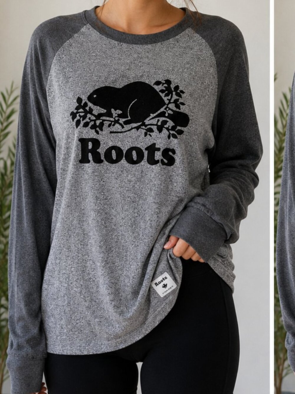 Roots Salt & Pepper Beaver Logo Long Sleeve Top Size Medium
